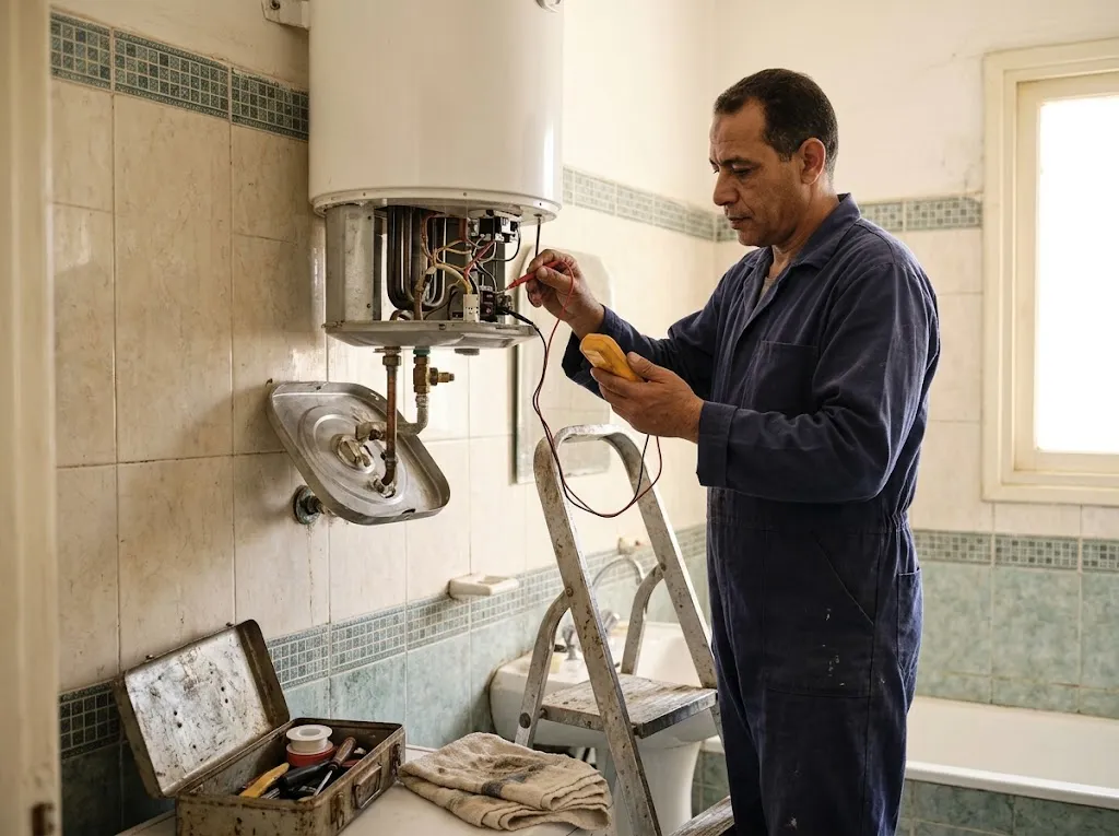 صيانة السخانات الكهربائية: فني على سلم بيقيس توصيلات سخان كهربائي متركب على حيطة حمام