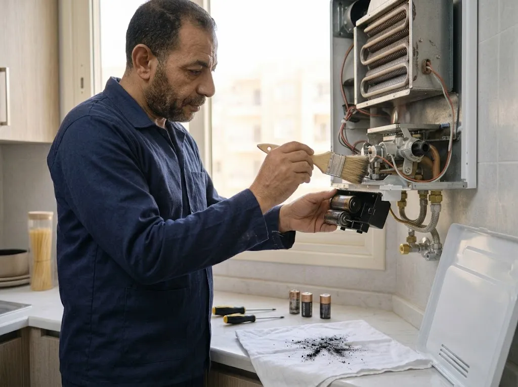 فني بينضف شعلة سخان غاز مفتوح بفرشة والهباب على قماشة