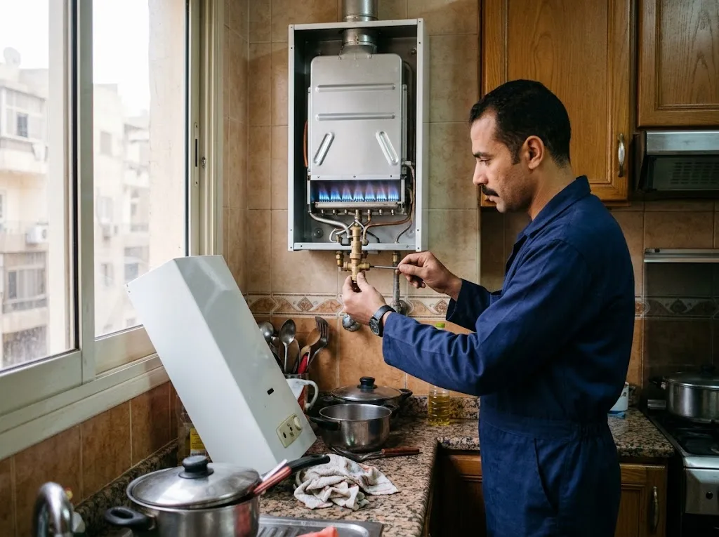 صيانة سخان سيم: فني بيظبط مسمار صمام الغاز في سخان غاز مفتوح والشعلة زرقا ومنتظمة
