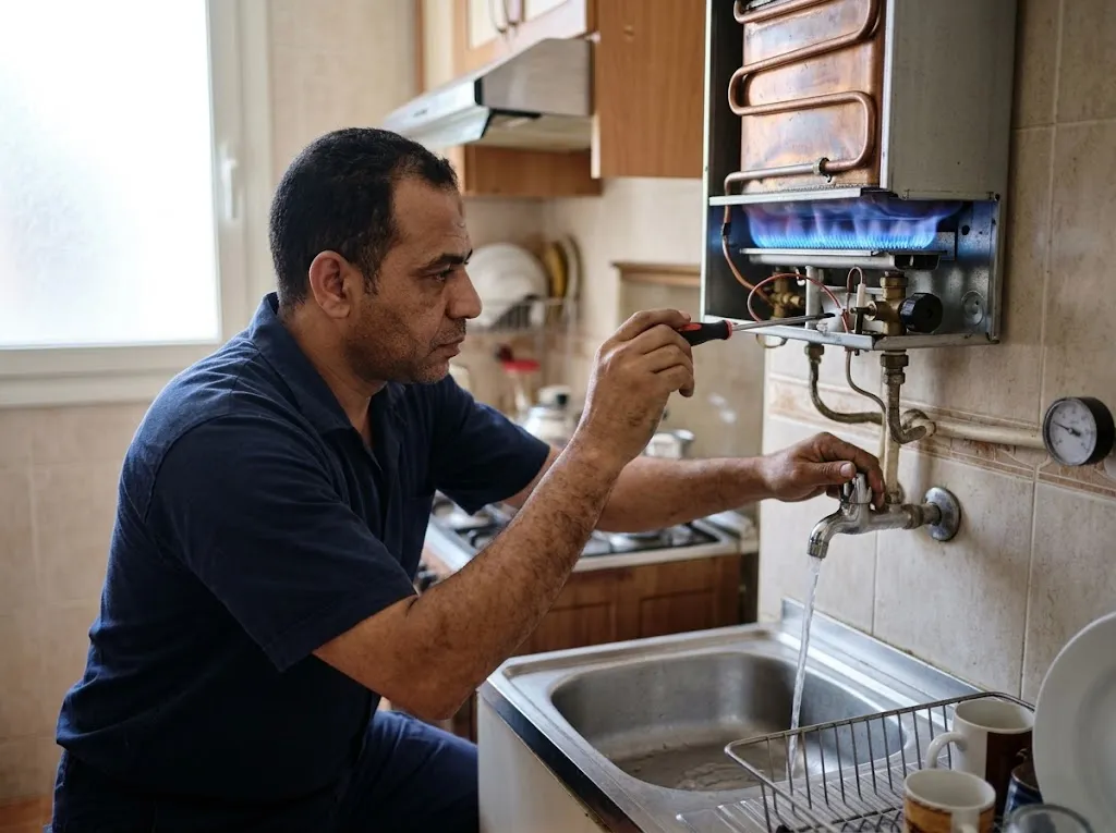 صيانة سخان اريستون غاز: فني فاتح حنفية المطبخ وبيبص على ولعة زرقا في سخان غاز مفتوح