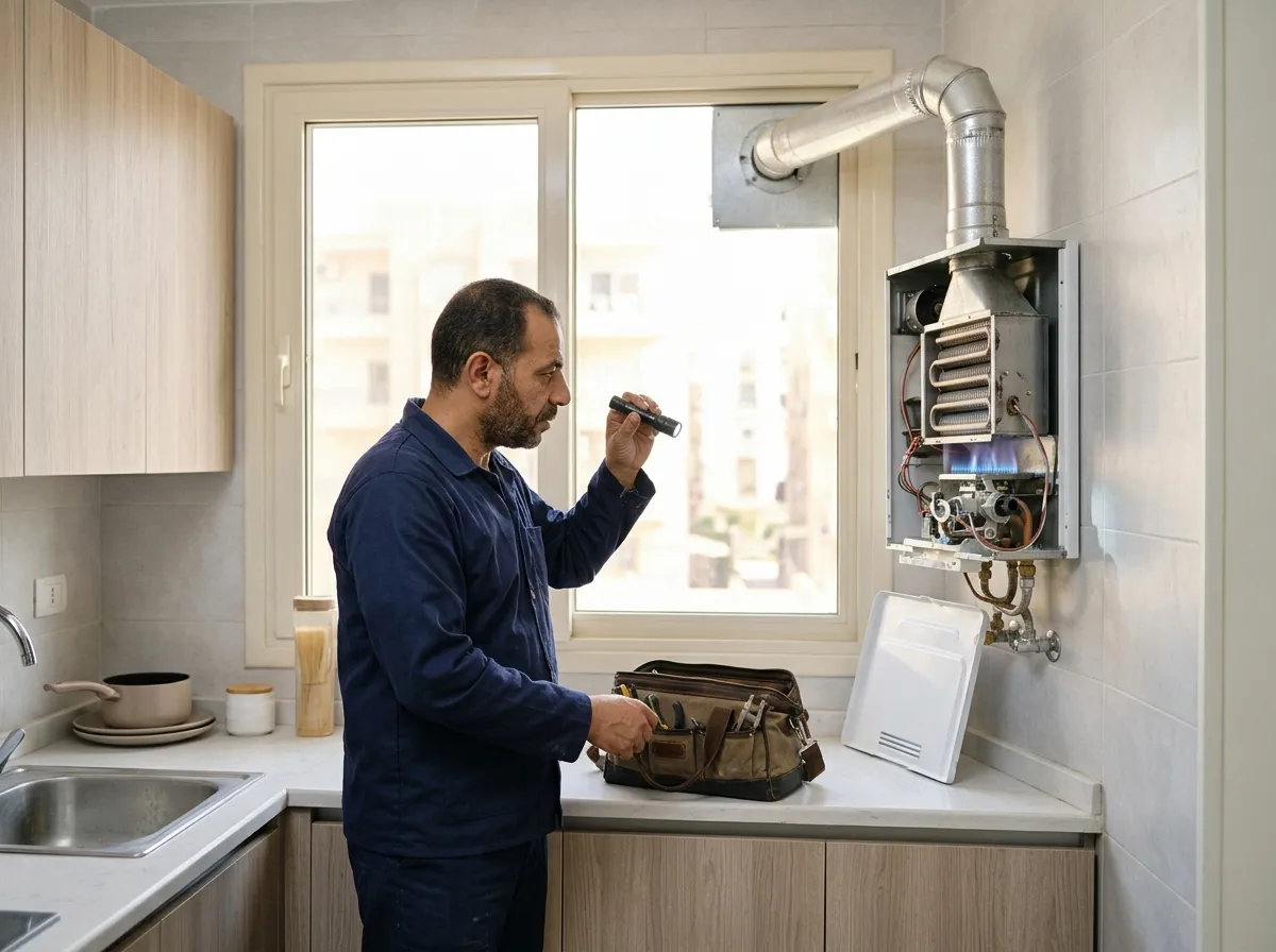 صيانة سخانات: فني فاتح غطا سخان غاز متركب على حيطة مطبخ وبيكشف على الشعلة بكشاف