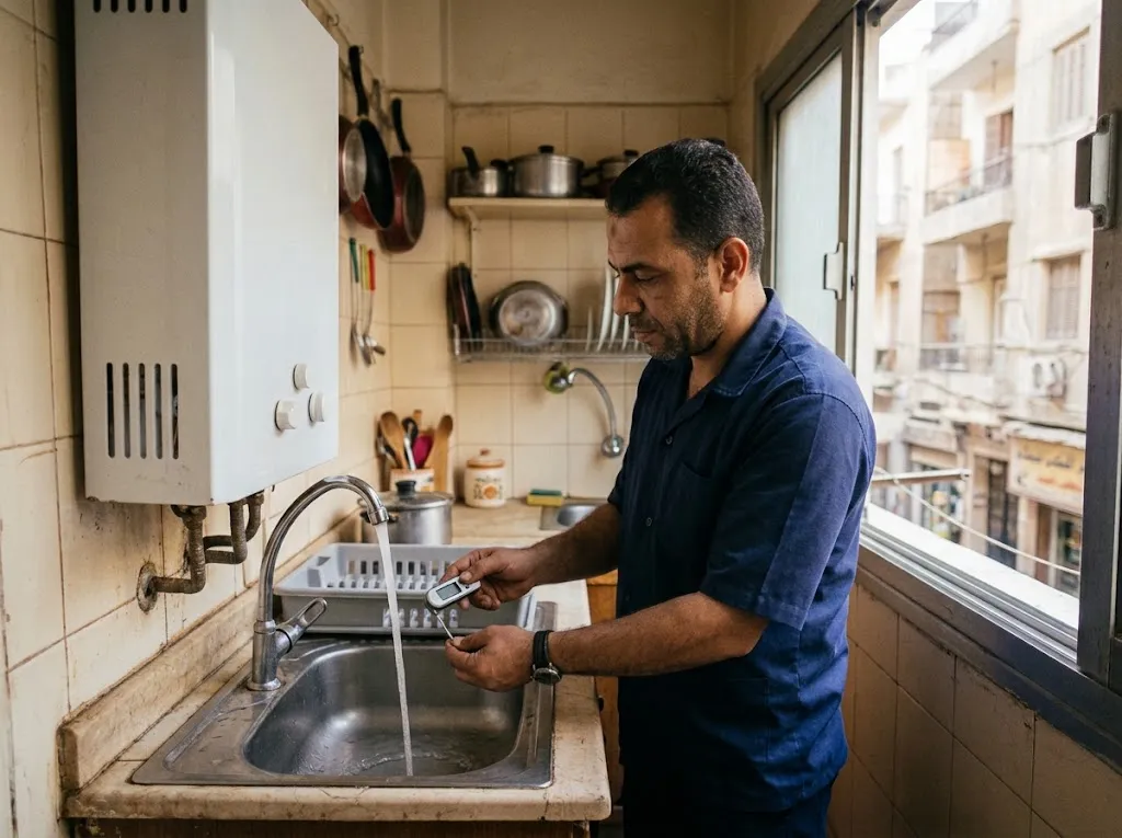 فني بيقيس حرارة المية السخنة من حنفية المطبخ وجنبه سخان غاز على الحيطة