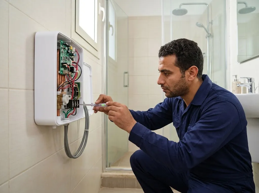 صيانة سخان كلاج: فني بيختبر أطراف كابل الكهربا في سخان فوري رفيع مفتوح جنب دش في حمام